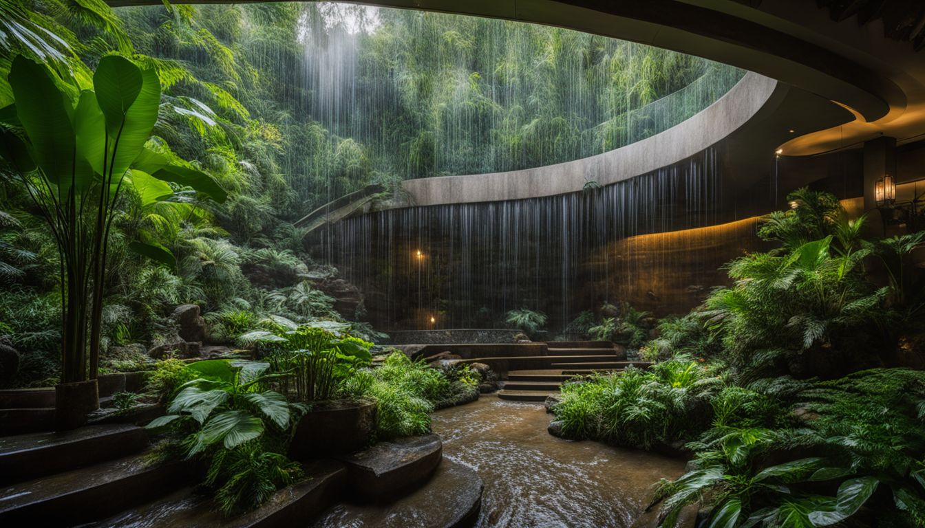 The photo showcases Rain Vortex, an impressive indoor waterfall surrounded by lush vegetation.