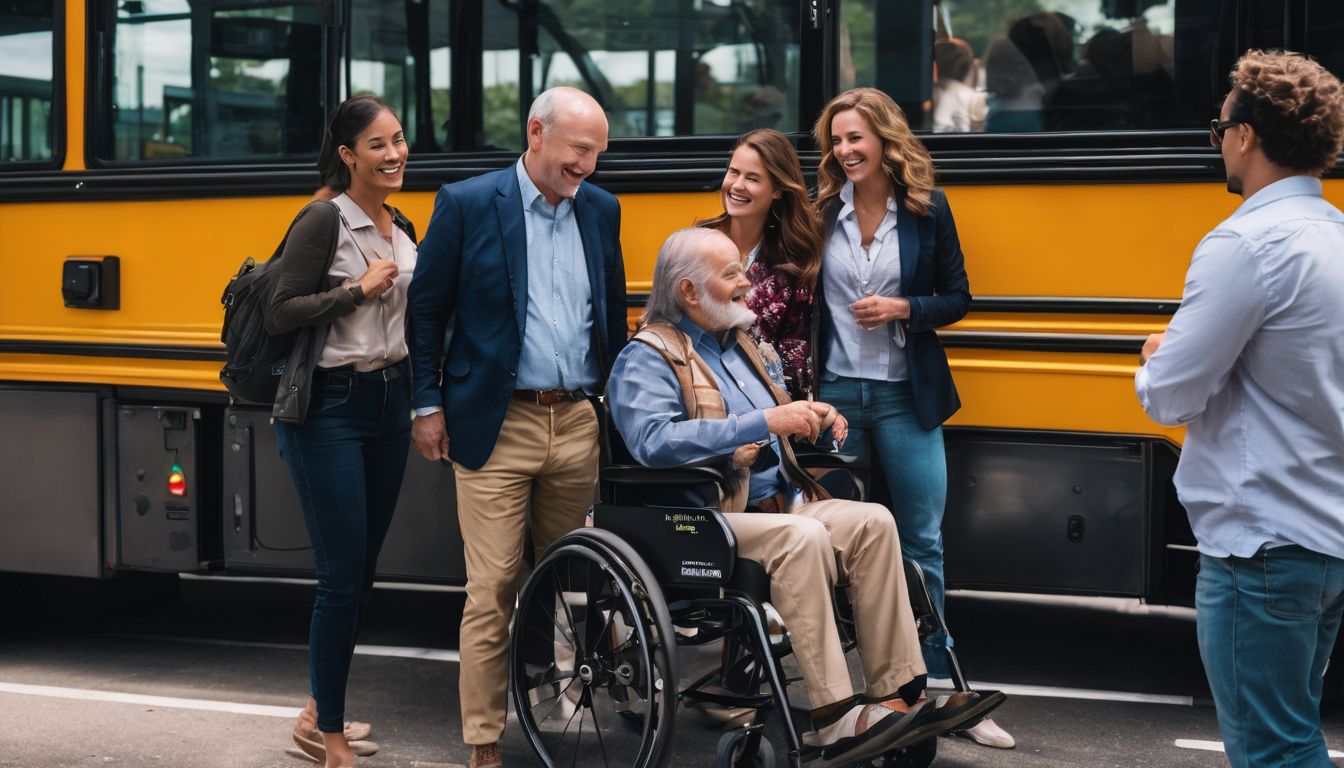 A wheelchair user confidently boards a wheelchair-accessible bus surrounded by a diverse group of supportive individuals.