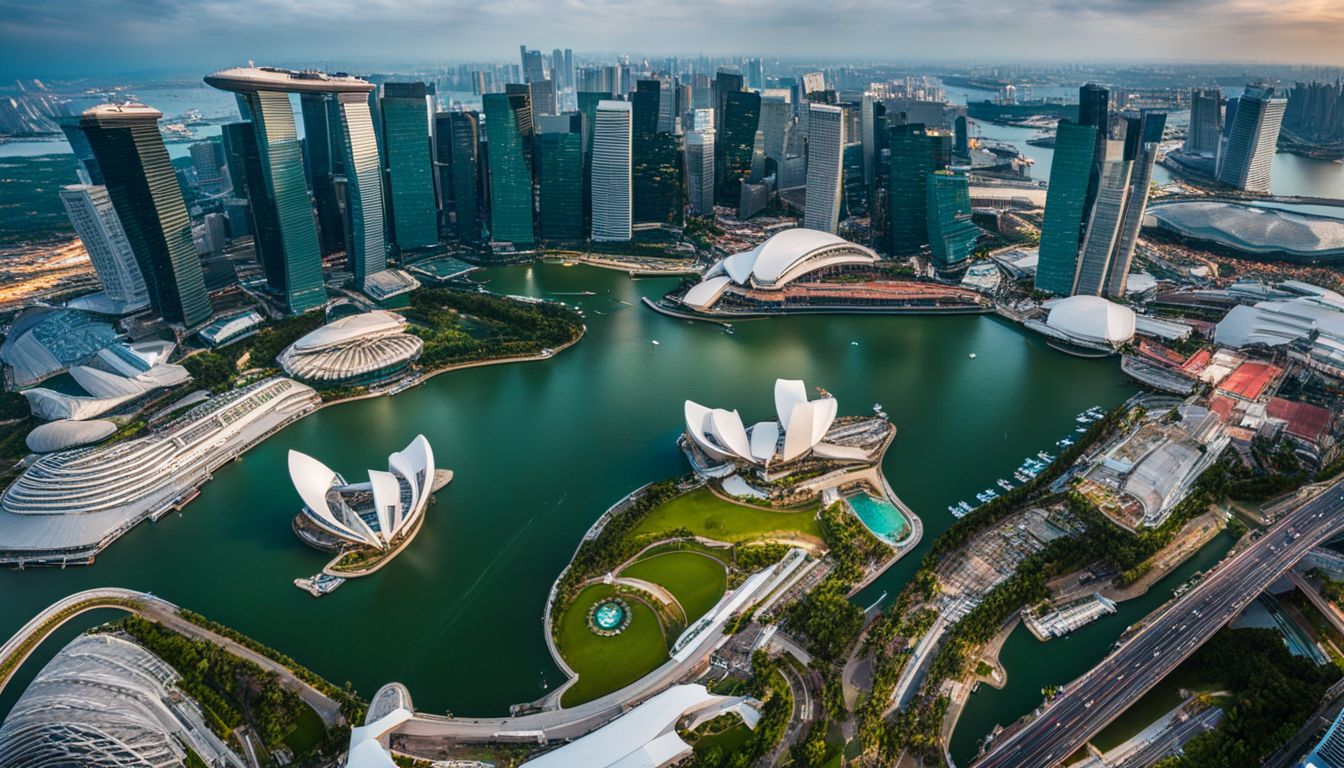 A panoramic aerial view of the Singapore skyline with modern skyscrapers and the Marina Bay Sands.