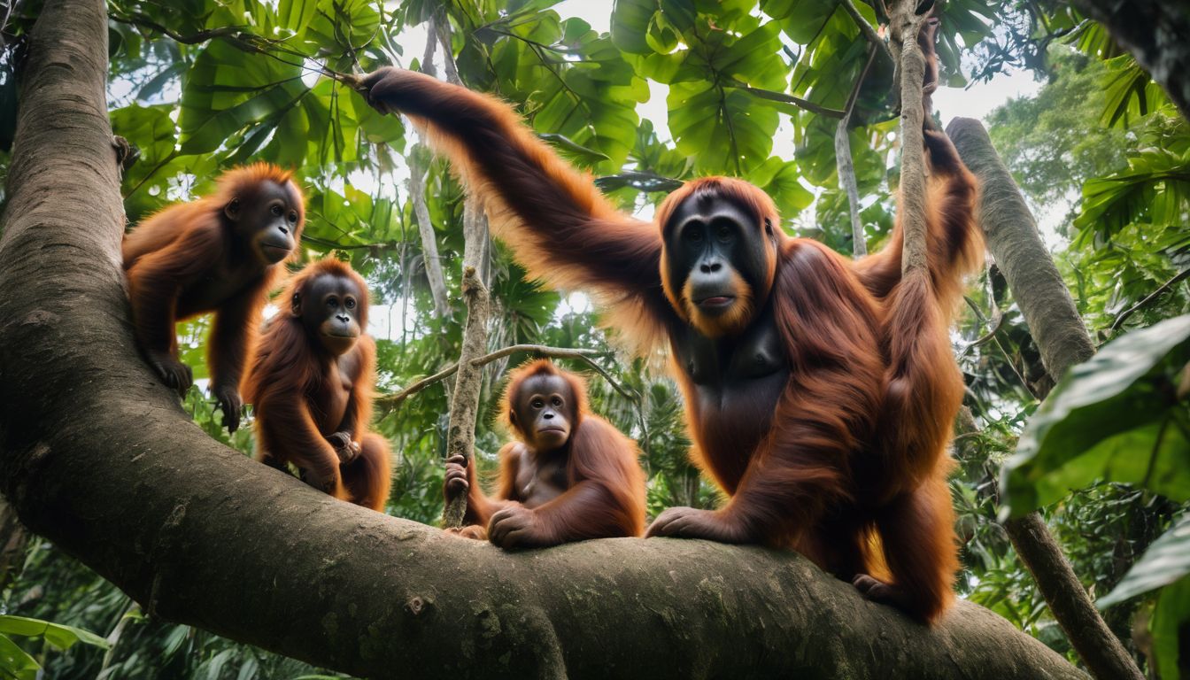 A group of diverse children are captivated by a playful orangutan swinging through the trees.