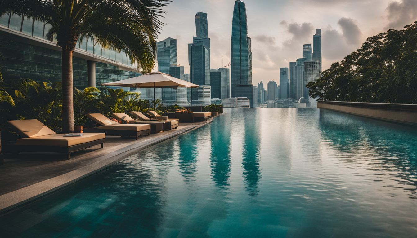 A vibrant hotel pool with palm trees and a view of the Singapore skyline.