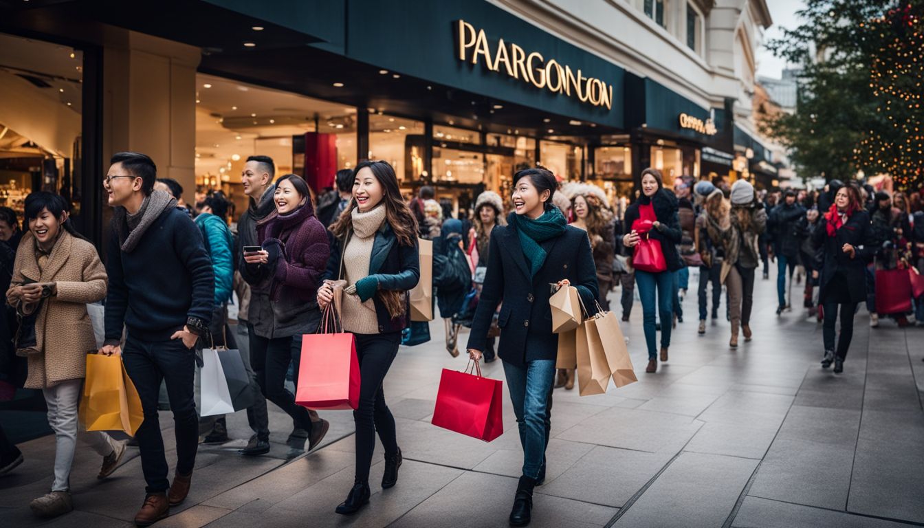 A busy crowd of diverse shoppers with shopping bags outside Paragon Shopping Center during the holiday season.