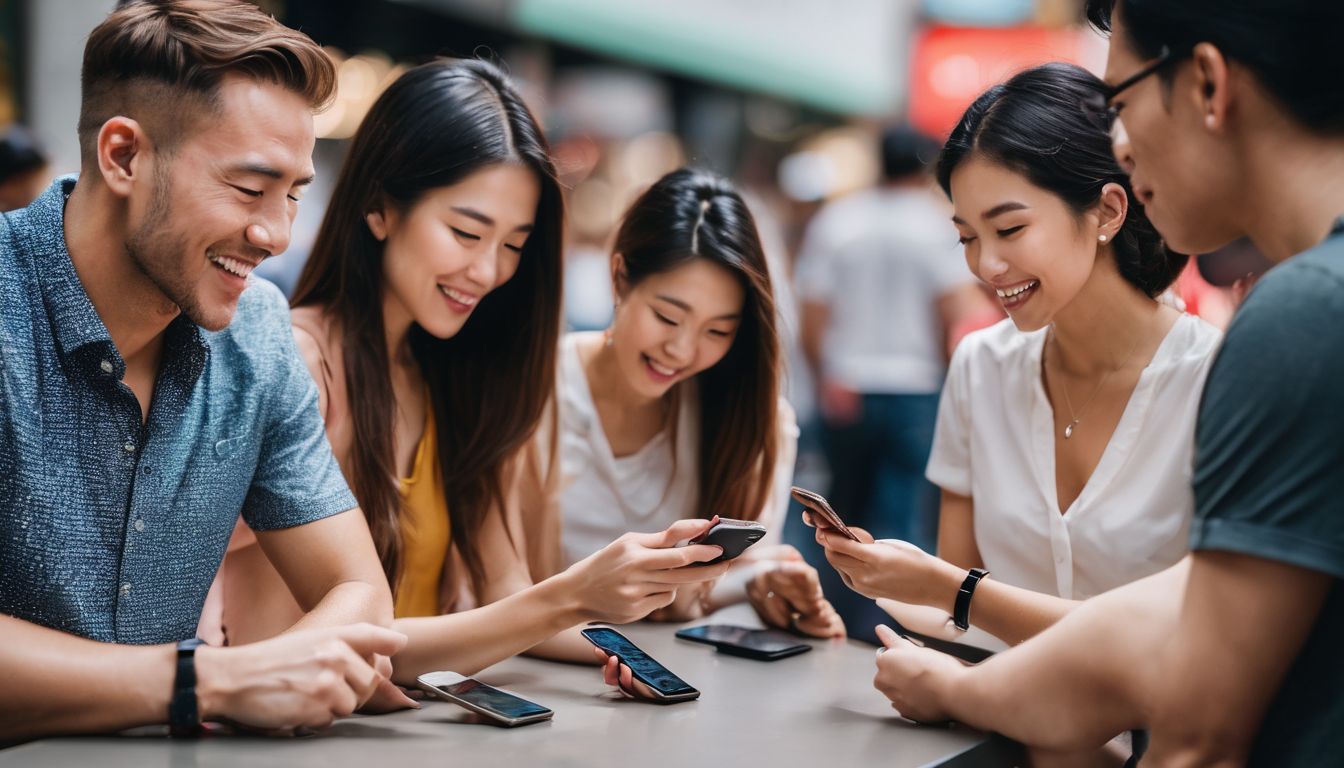 A diverse group of people in a Singaporean marketplace use smartphones to make cashless payments.