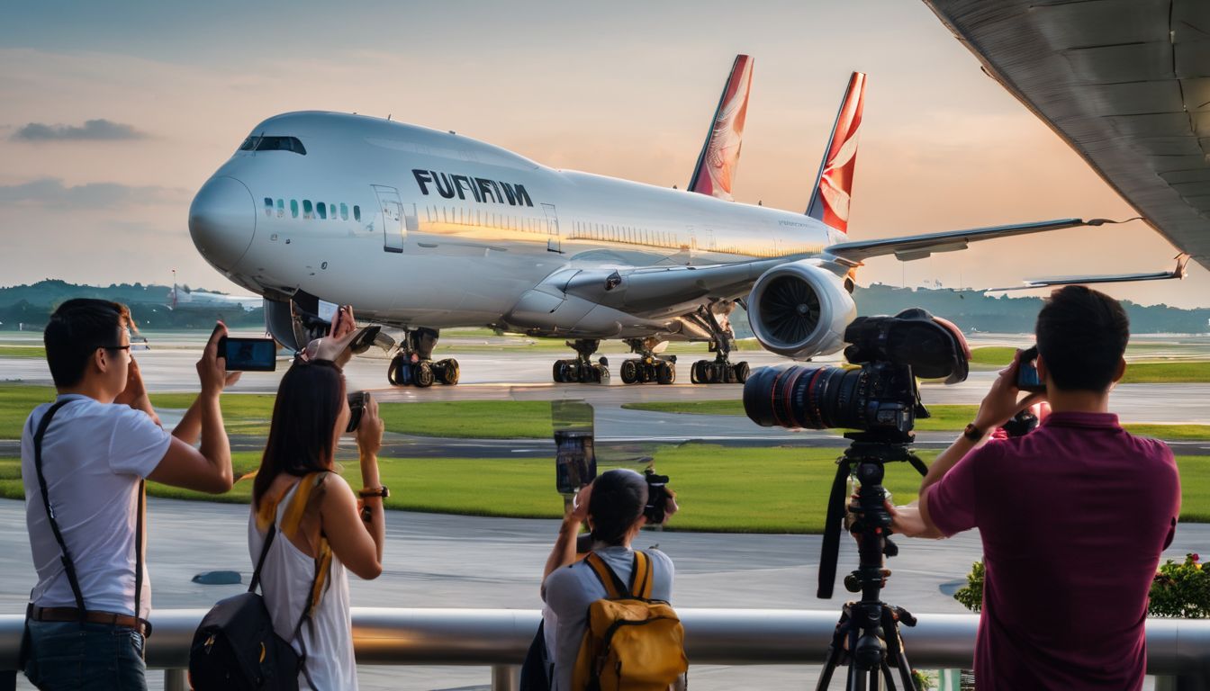 A diverse group of aviation enthusiasts takes photographs of airplanes at a viewing spot in Changi Airport.