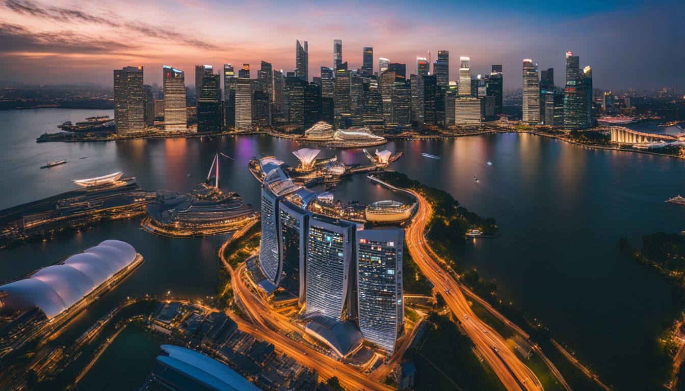 A stunning panoramic view of Singapore's iconic skyline at sunset with a diverse group of people.