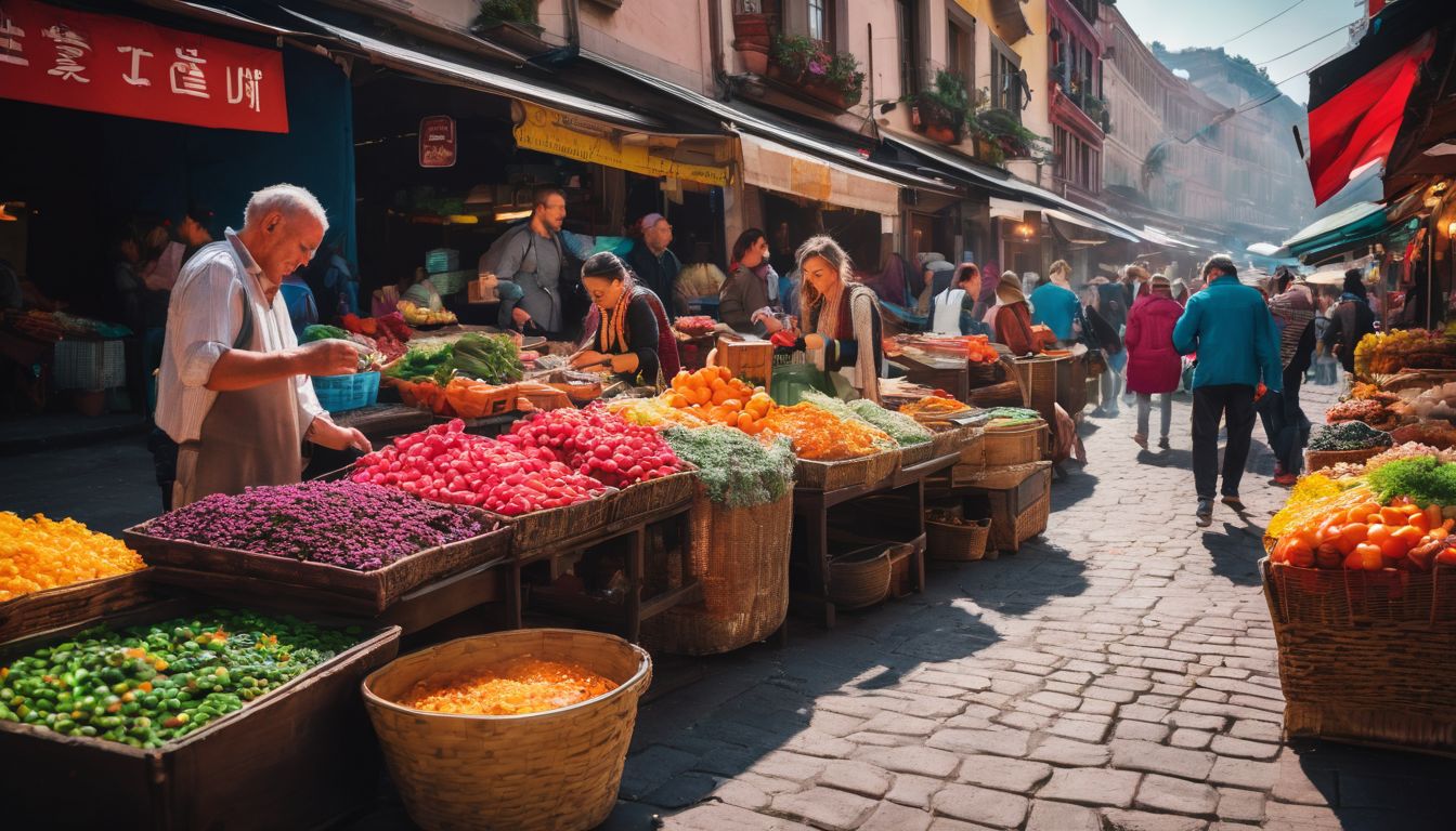 A vibrant street market filled with diverse people and a bustling atmosphere captured in a high-quality photograph.