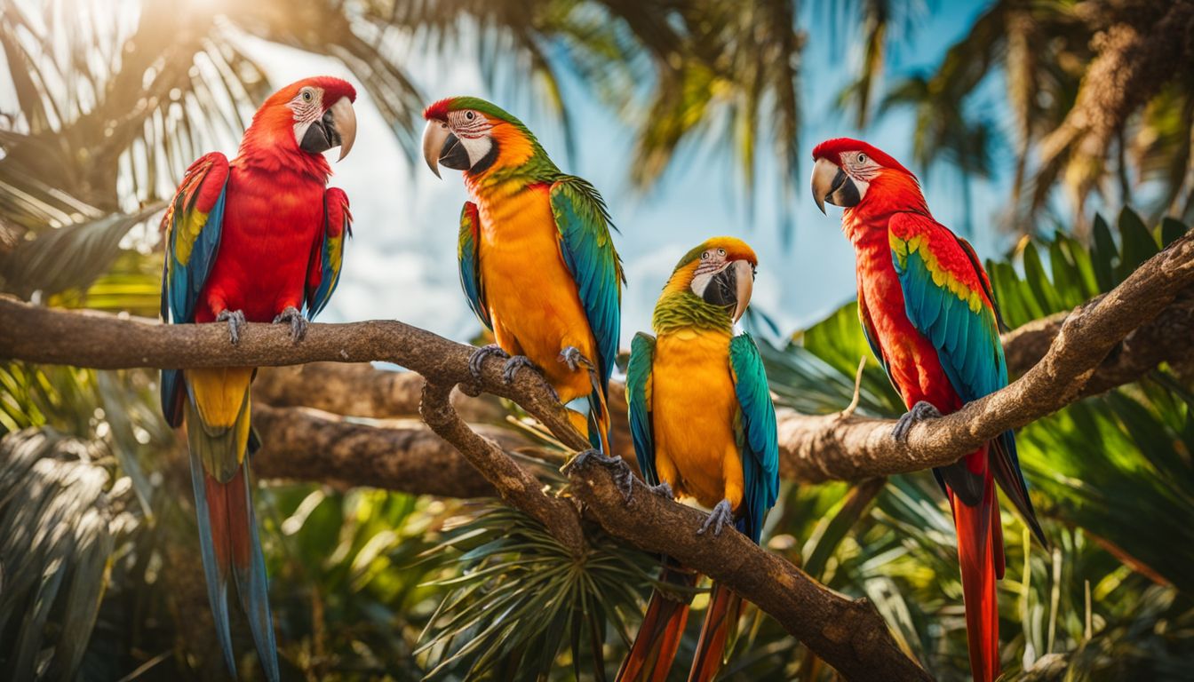 Colorful parrots perched on branches in a tropical garden, showcasing their vibrant feathers and unique personalities.