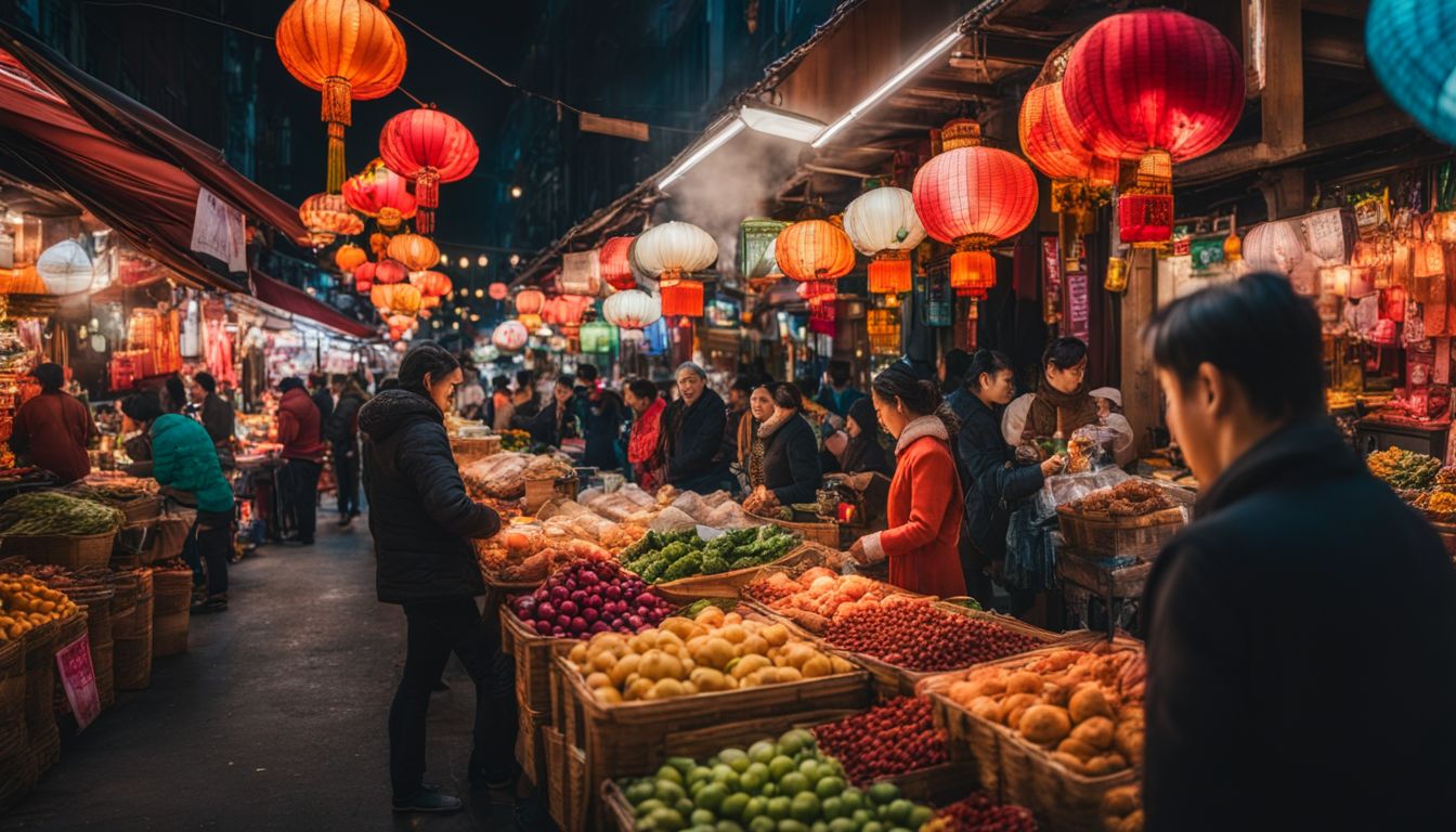 A vibrant market in Chinatown with diverse people and colorful stalls, captured in stunning detail.