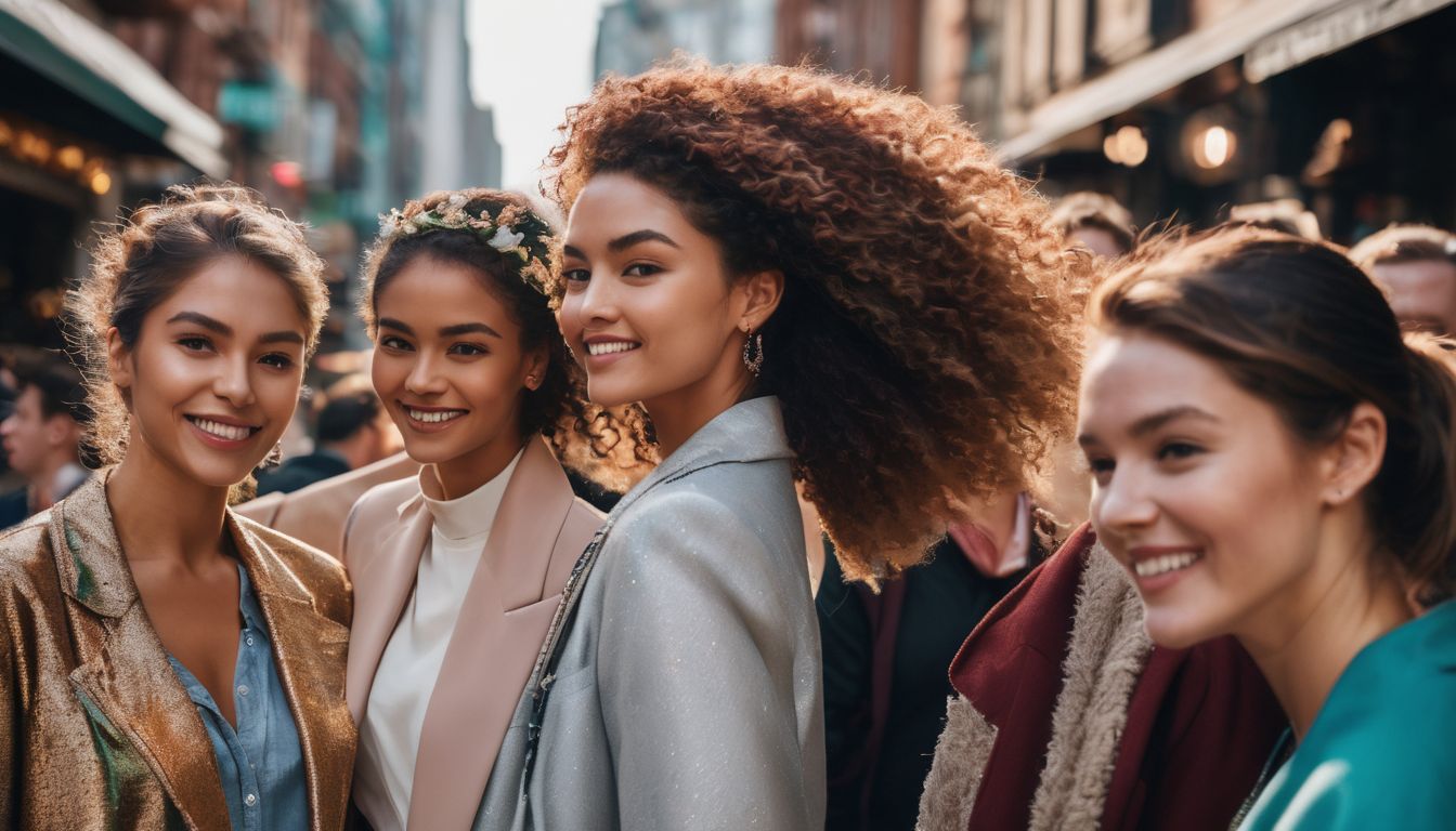 A diverse group of people gathered in a vibrant cityscape, captured in a high-quality photograph.