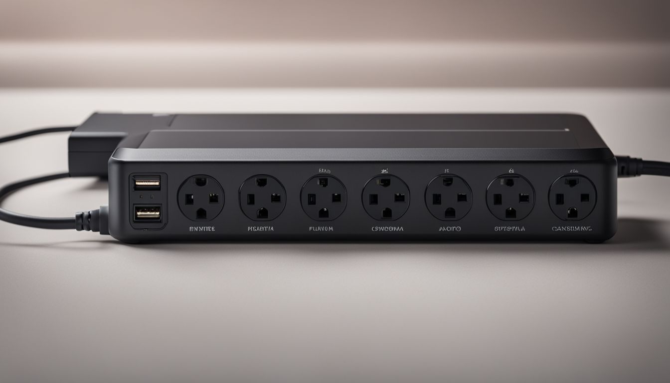 A power strip with multiple devices plugged in against a neutral background in a busy setting.