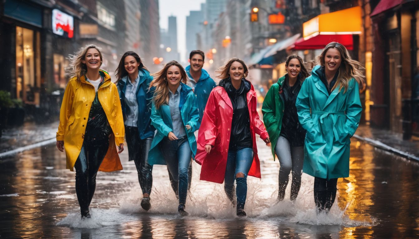 A group of friends in colorful raincoats splash through puddles in a bustling cityscape.
