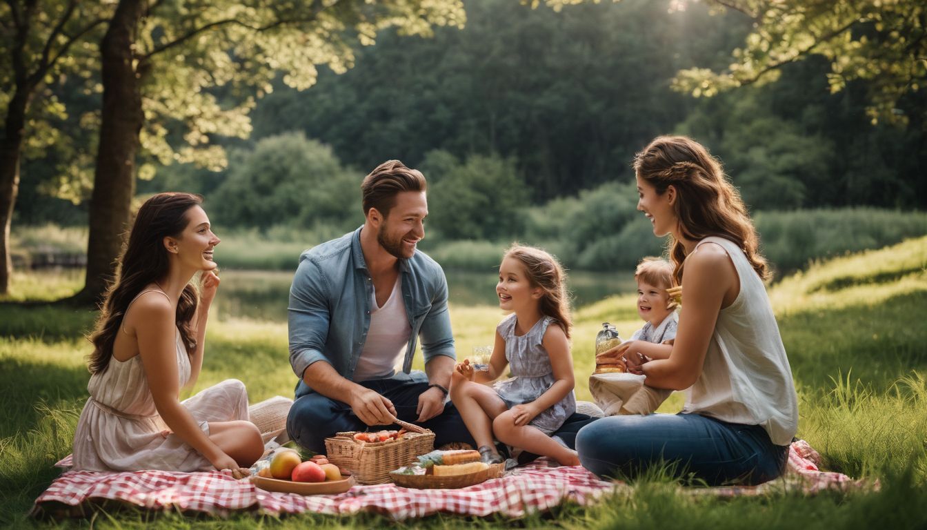 A diverse family picnics in a vibrant park surrounded by nature, captured in high quality.