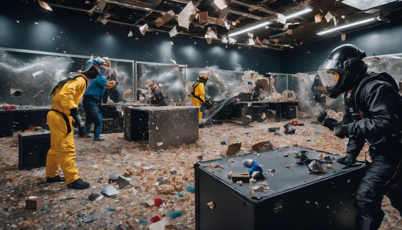 People wearing safety gear smashing objects in a Rage Room with a backdrop of shattered items.