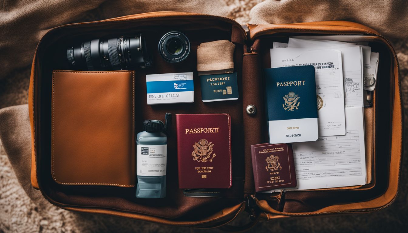 A travel bag with essential items for a trip, including a passport, vaccine booklet, and travel guide.