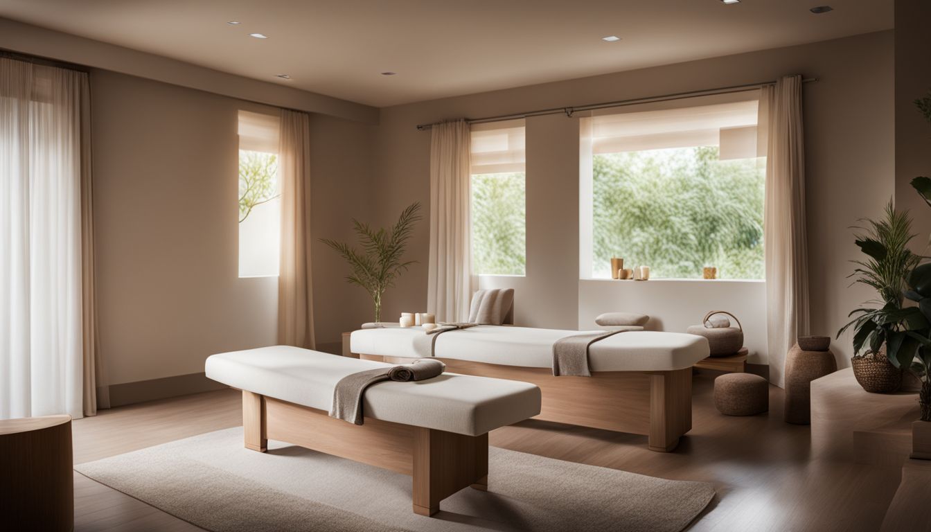 A soothing spa room with tranquil decor and a bustling atmosphere captured in a high-quality photograph.
