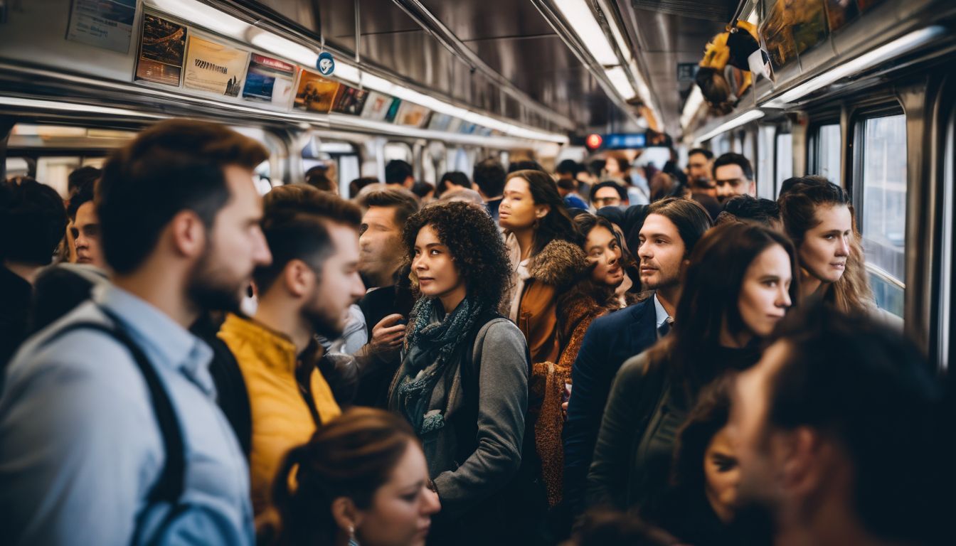 A diverse group of commuters on a crowded train, captured in a bustling and well-lit cityscape photograph.