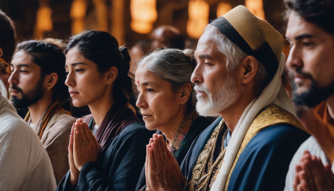 A diverse group of people from different religious backgrounds pray together at a sacred site.