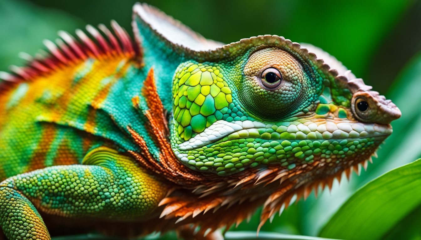 A close-up shot of a colorful chameleon blending into its green leafy habitat.