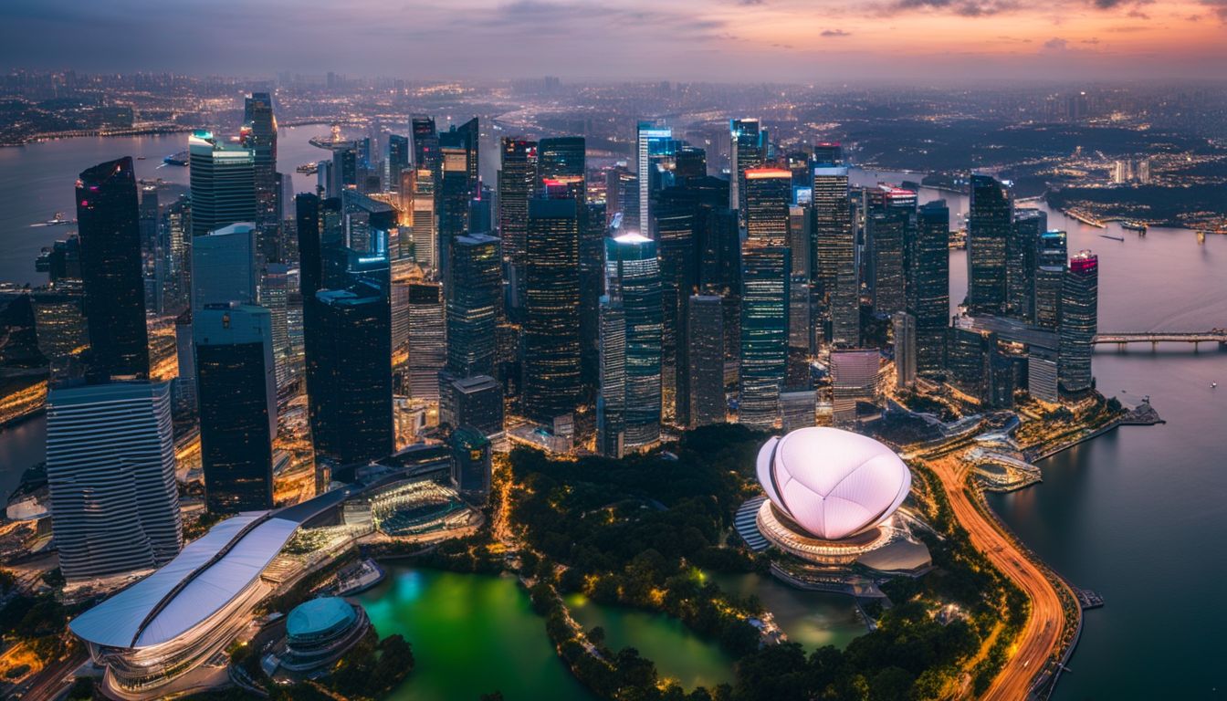 A breathtaking aerial photo of Singapore's modern skyline and iconic landmarks.