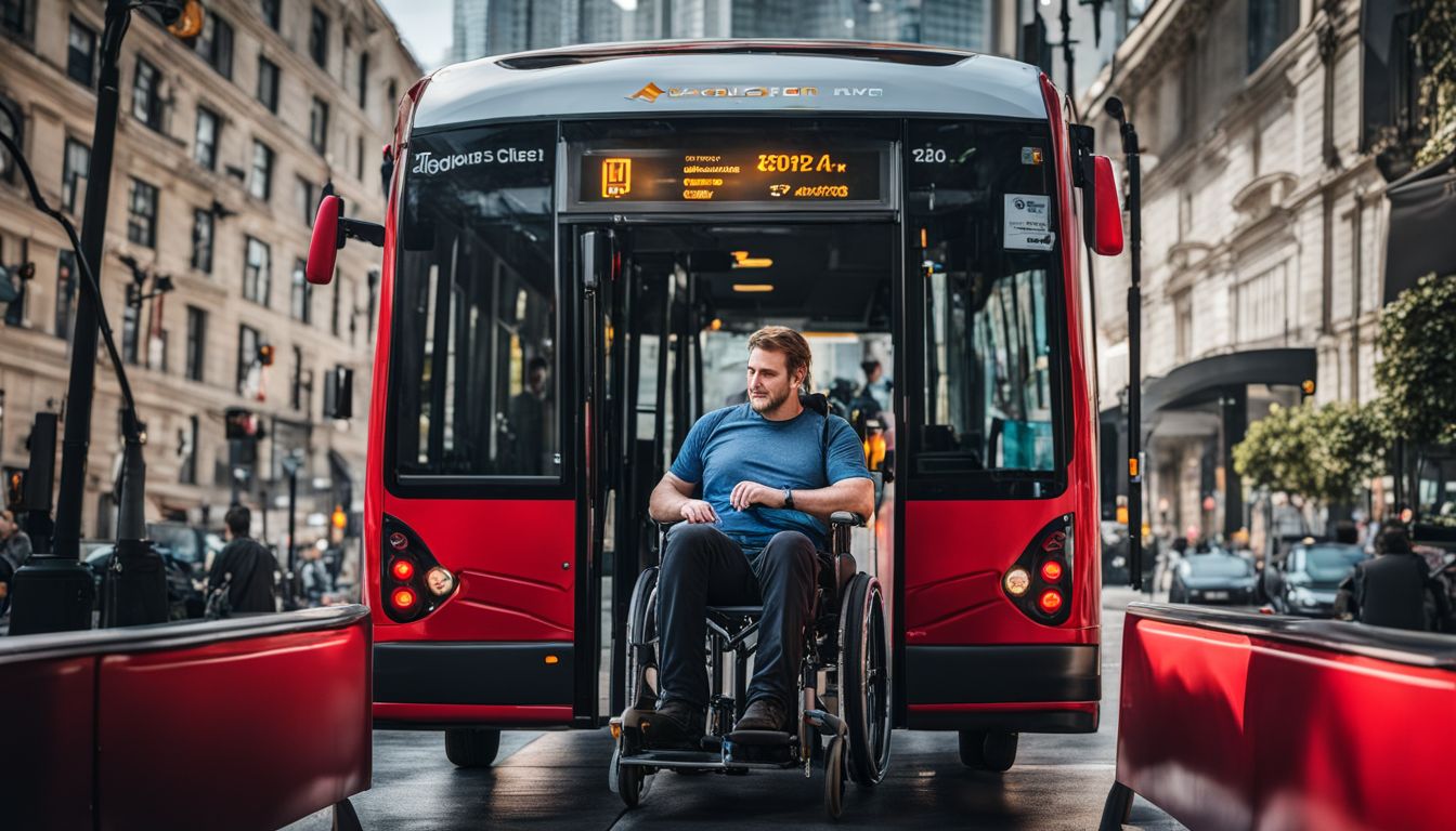 A confident wheelchair user boards an accessible bus in a bustling cityscape.