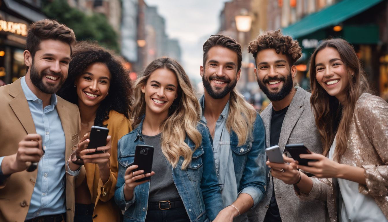 A diverse group of people smiling and holding mobile phones in a bustling cityscape.
