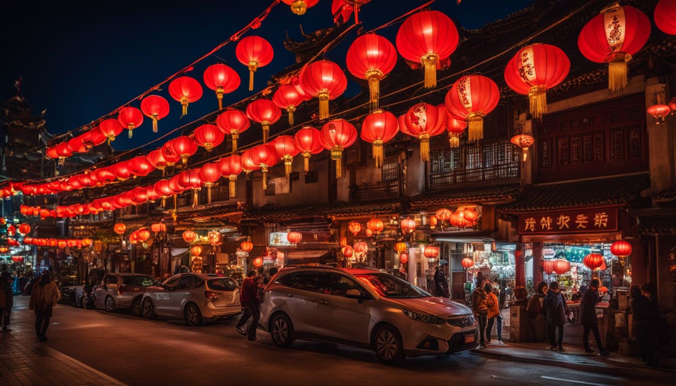 A vibrant photo of traditional Chinese lanterns illuminating the bustling streets of Chinatown at night.