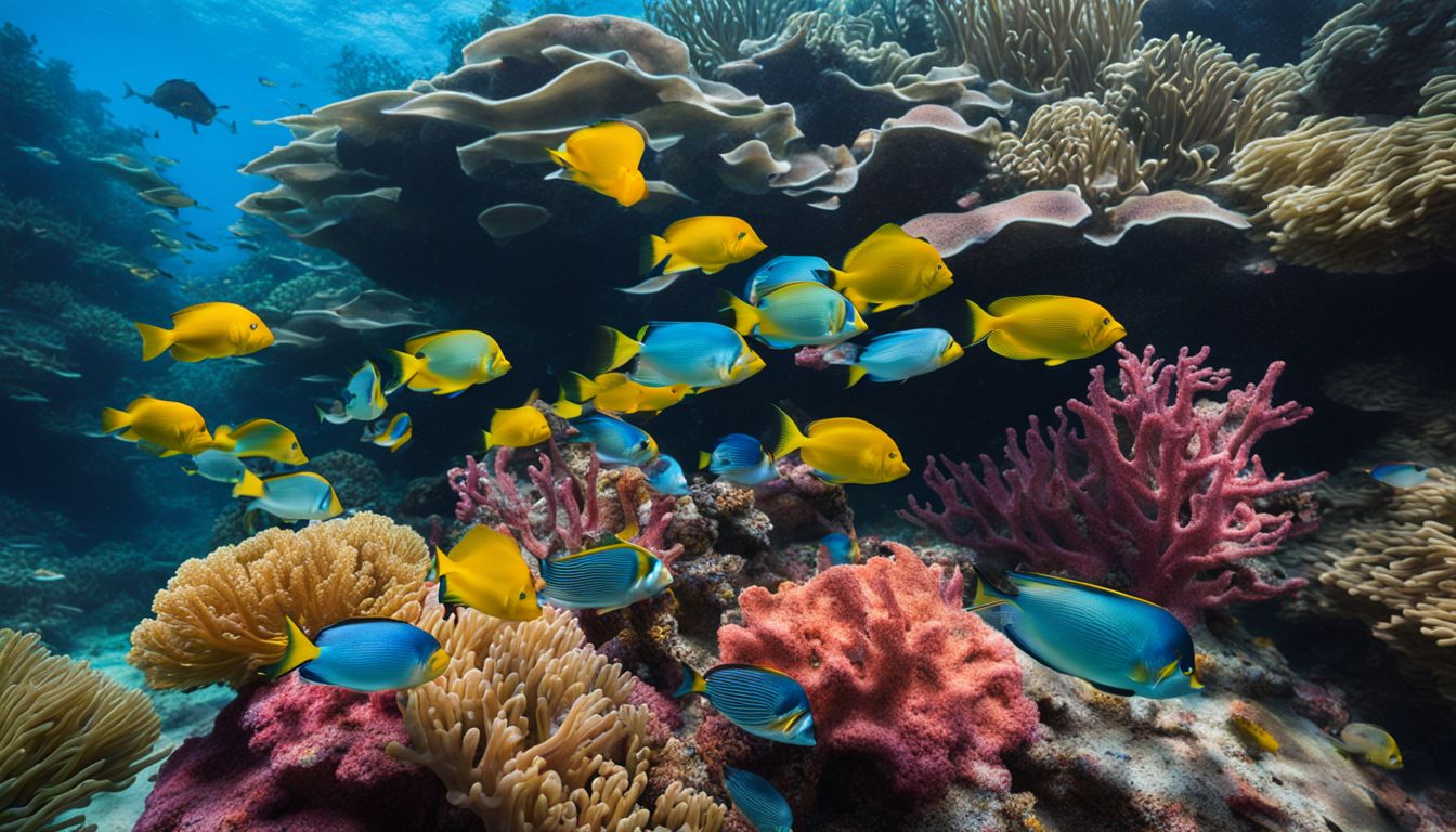 An underwater photograph capturing a diverse array of colorful fish swimming among vibrant coral reefs.