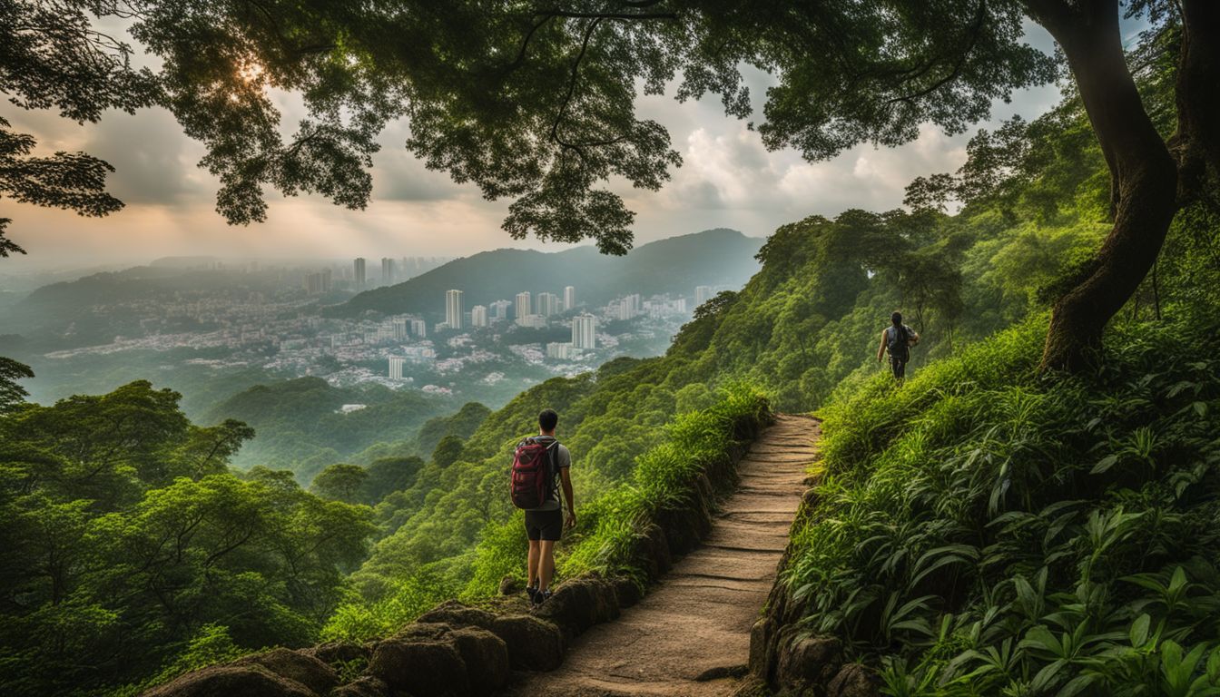 A photo of a hiker standing on the lush green summit of Bukit Timah, capturing the natural beauty and bustling atmosphere.