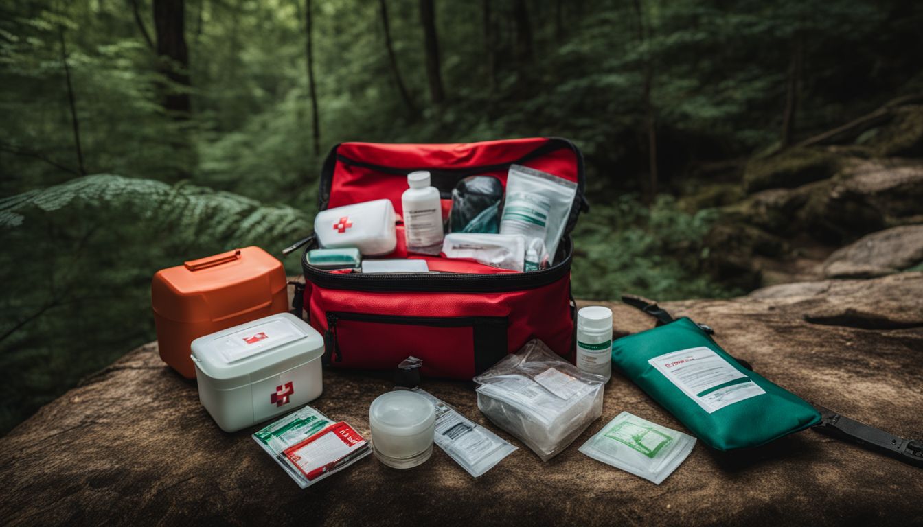 A well-equipped first aid kit is seen in a lush forested hiking trail surrounded by diverse individuals.