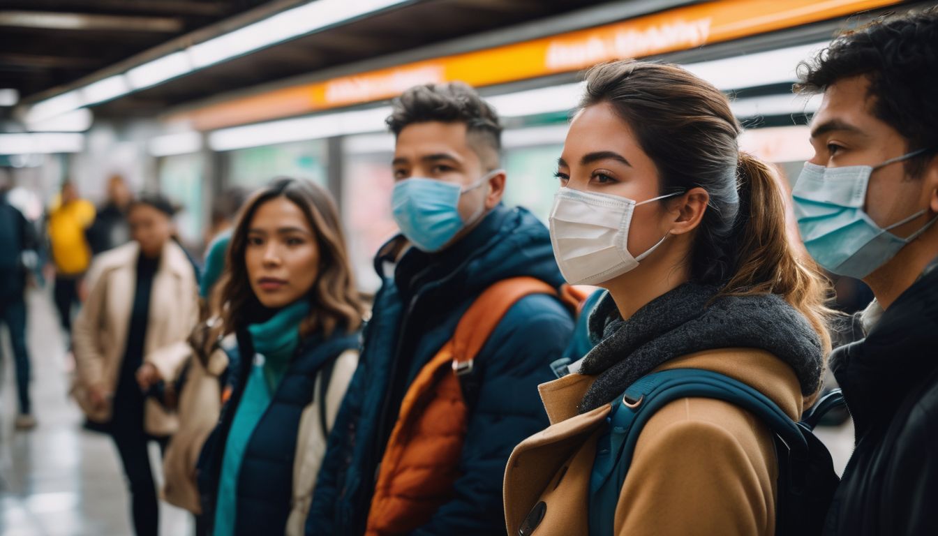 A diverse group of people wearing masks standing in a clean subway station.