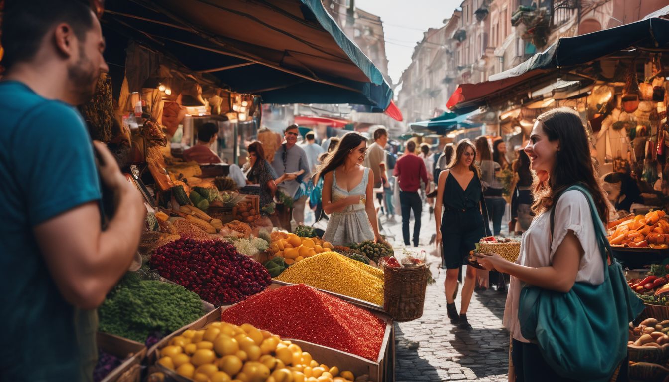 A diverse group of friends explores a vibrant street market, capturing the bustling atmosphere in crystal clear detail.