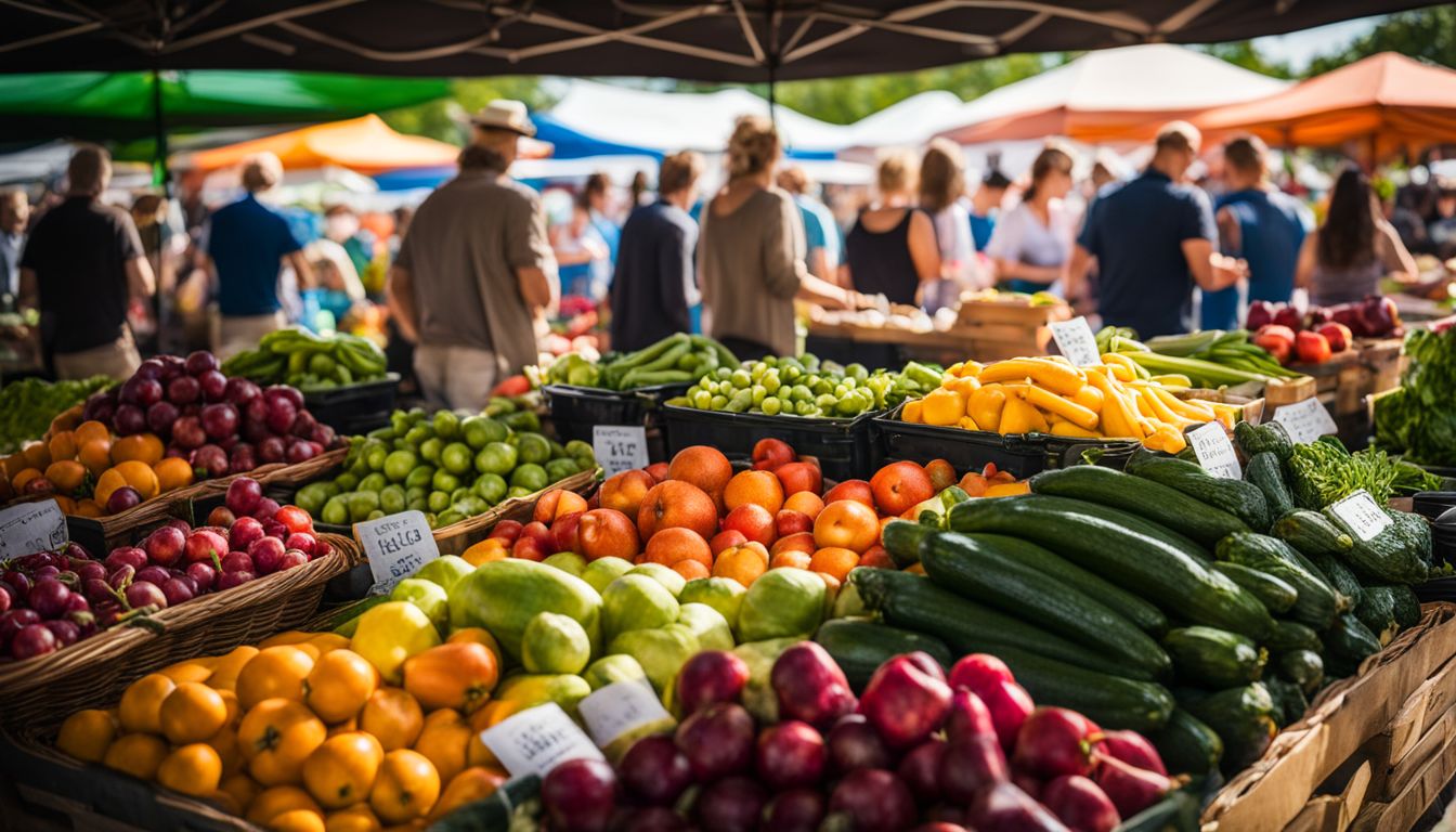 A vibrant display of fresh produce at a busy farmer's market.