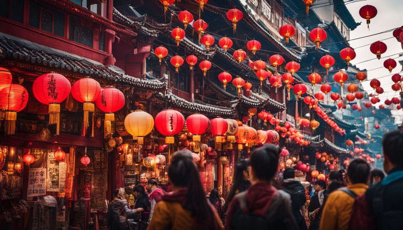 Colorful lanterns illuminate a busy Chinatown street filled with people from diverse backgrounds and styles.