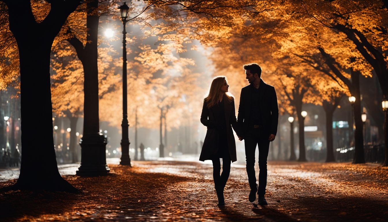 A photo of a couple walking under a beautifully lit canopy of trees in a bustling cityscape.