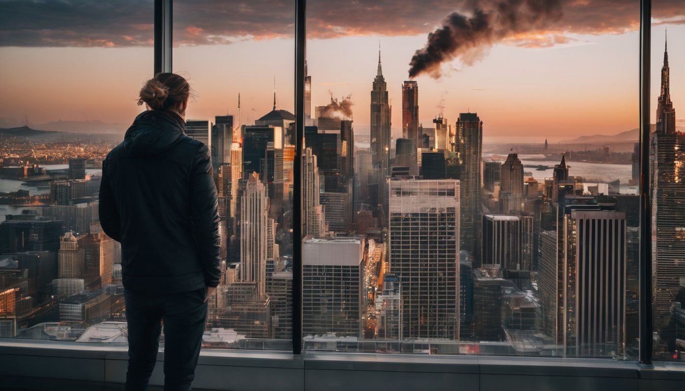 A person looks at a No Smoking sign in front of a city skyline.