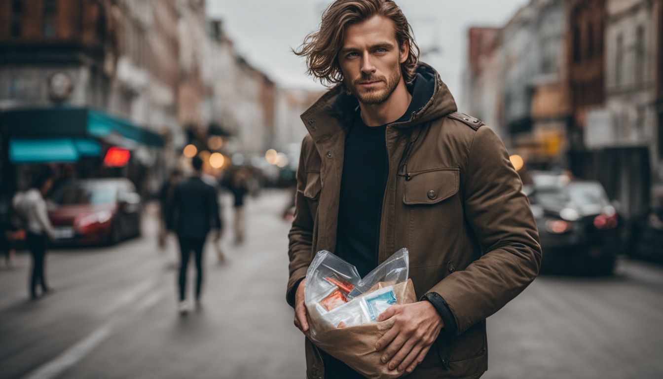 A man holds a bag of drugs on a clean city street in a bustling atmosphere.