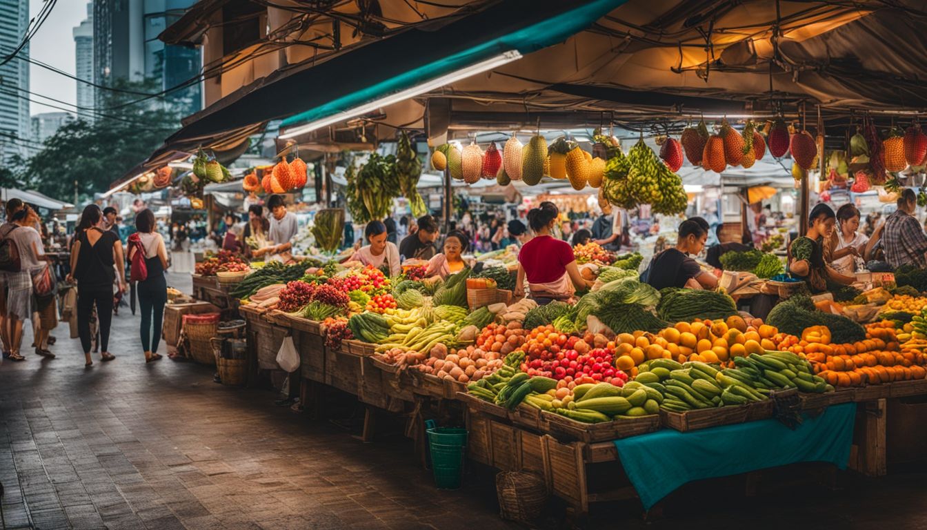 A vibrant market scene in Singapore showcasing colorful local fruits and vegetables with a bustling atmosphere.