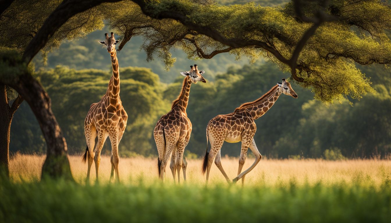 A photo of giraffes roaming in a lush landscape, taken with high-quality equipment, showcasing their elegance and natural habitat.