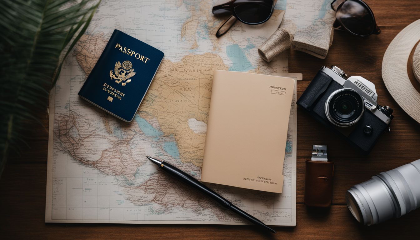 A passport surrounded by travel essentials and captured in a vibrant and energetic travel photography style.