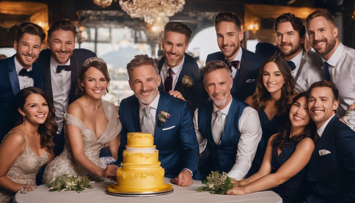 A group of people gathered around a beautifully decorated cake in formal attire.