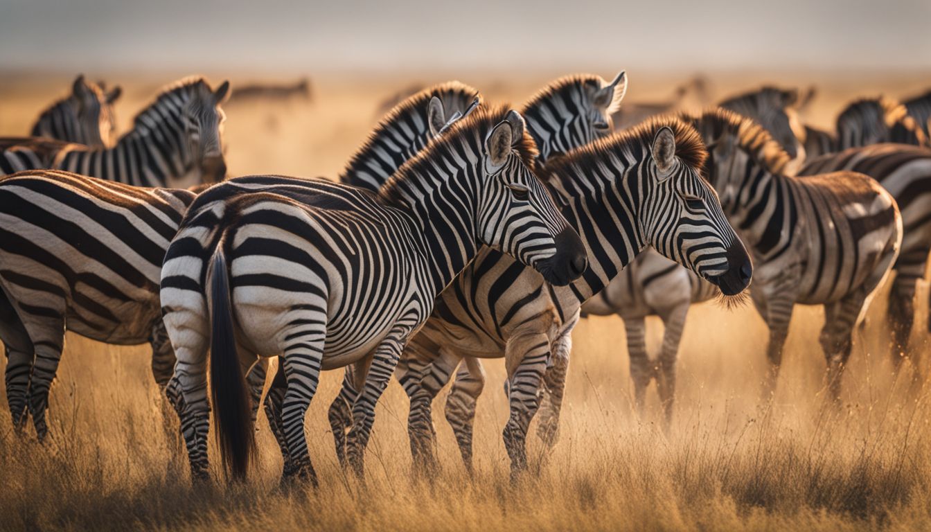 A herd of zebras grazing in a vast savannah, captured in a stunning wildlife photograph.