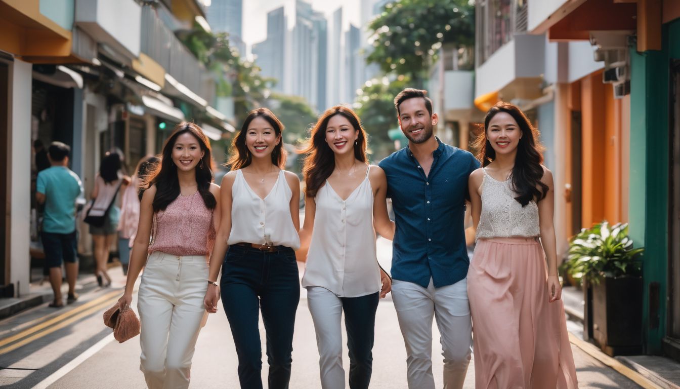 A diverse group of friends walk together in a vibrant Singapore neighborhood.