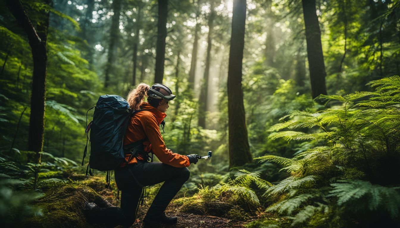 A hiker in protective gear explores a lush forest, using insect repellent and enjoying the bustling atmosphere.