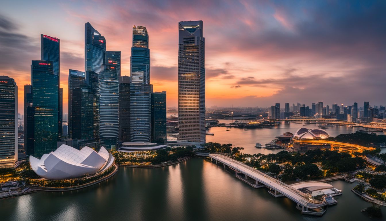 A stunning panoramic cityscape of Singapore's skyline at sunset, showcasing its vibrant economy and modern infrastructure.