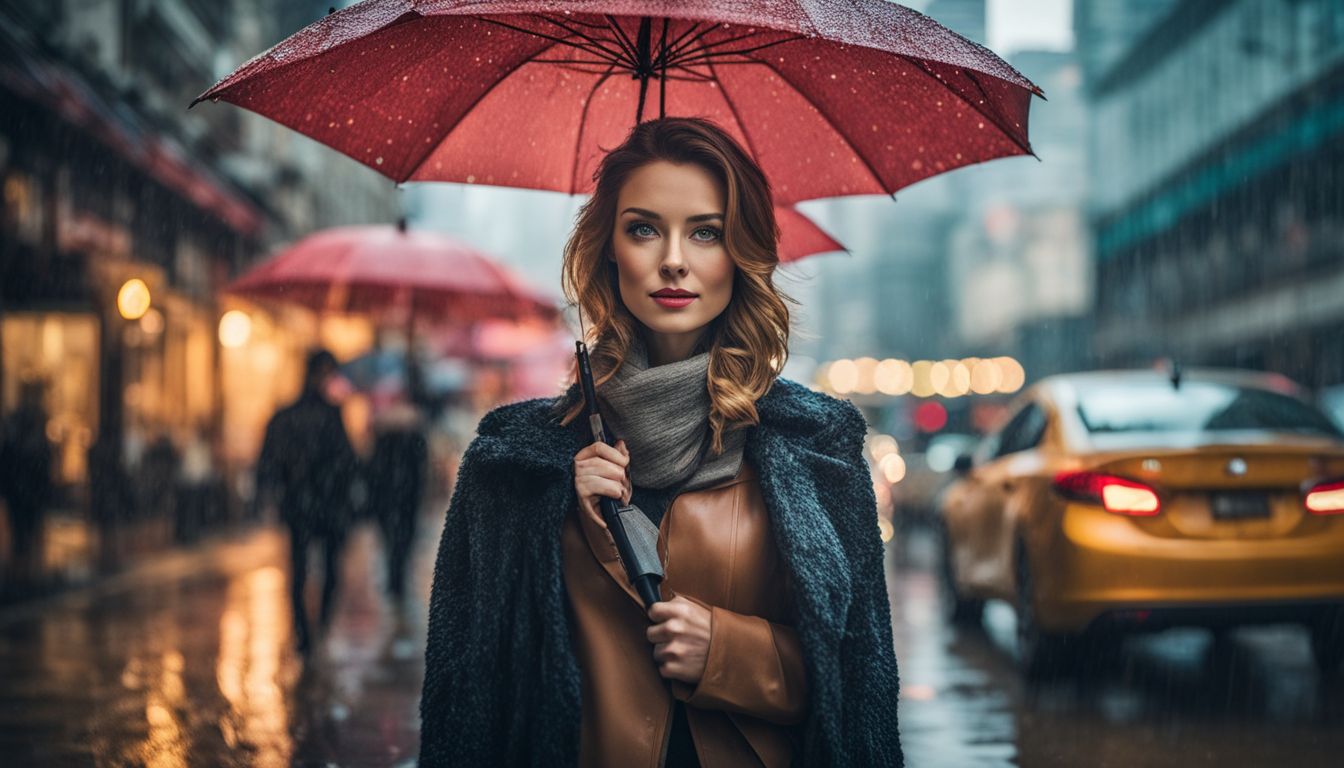 A woman walks under an umbrella in the rain, surrounded by a bustling cityscape.