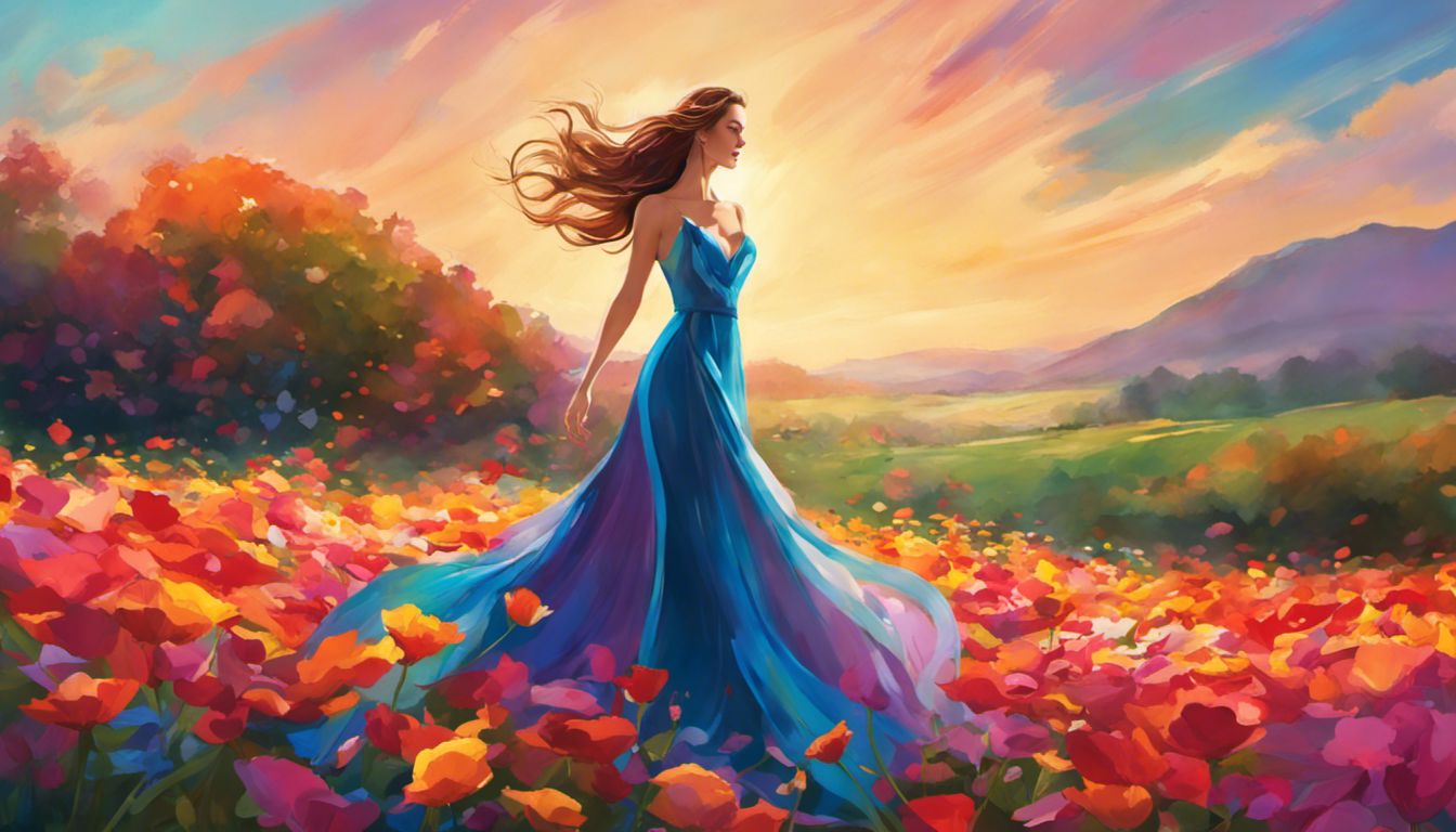 A graceful woman in an elegant gown stands amidst a vibrant flower field.