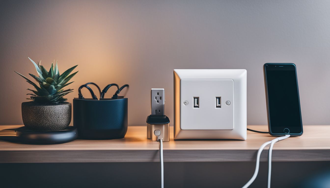 A photo of a modern electrical outlet surrounded by various electronic devices in a busy city setting.