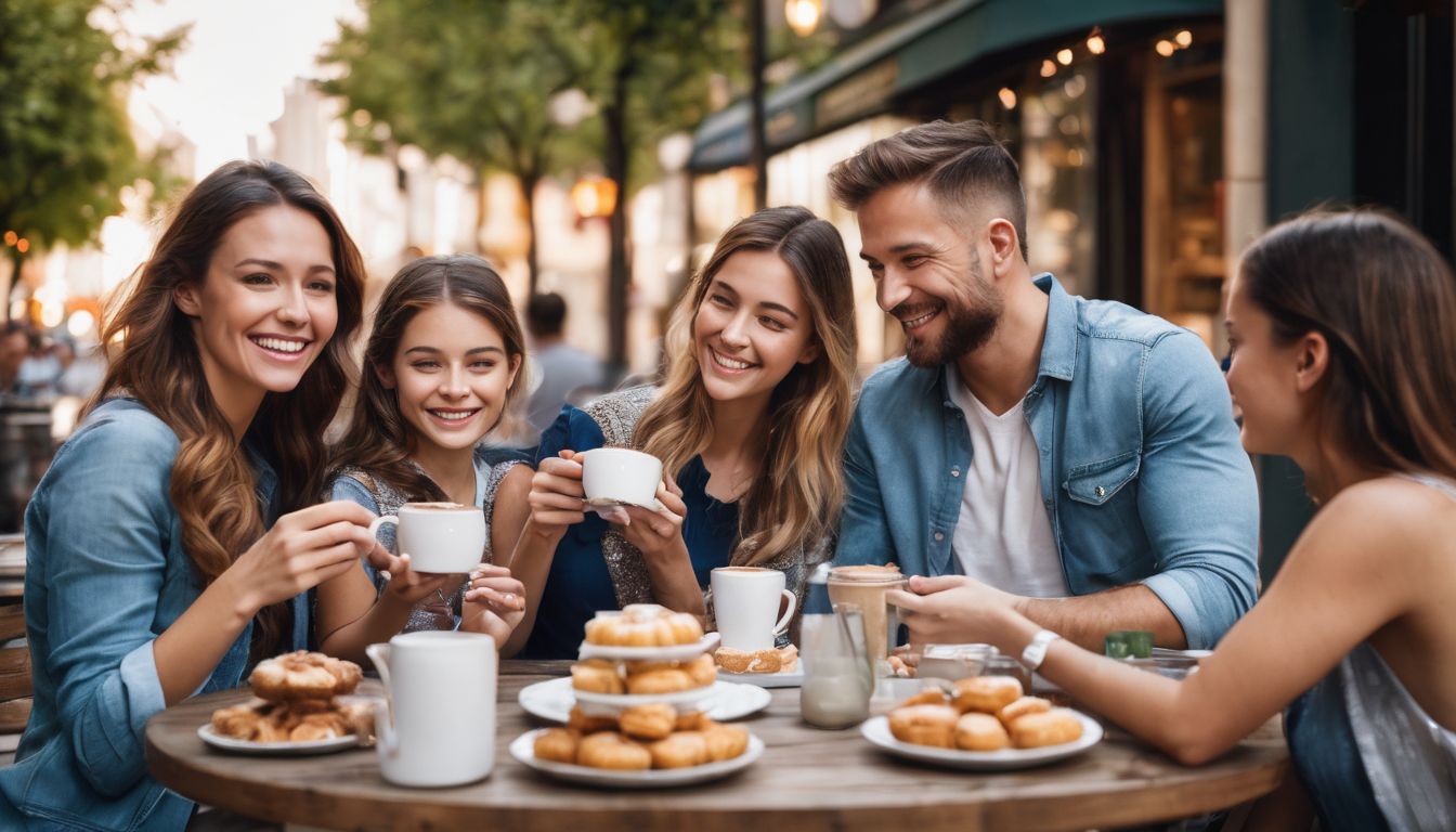 A happy family enjoying coffee and pastries at an outdoor table in the city.