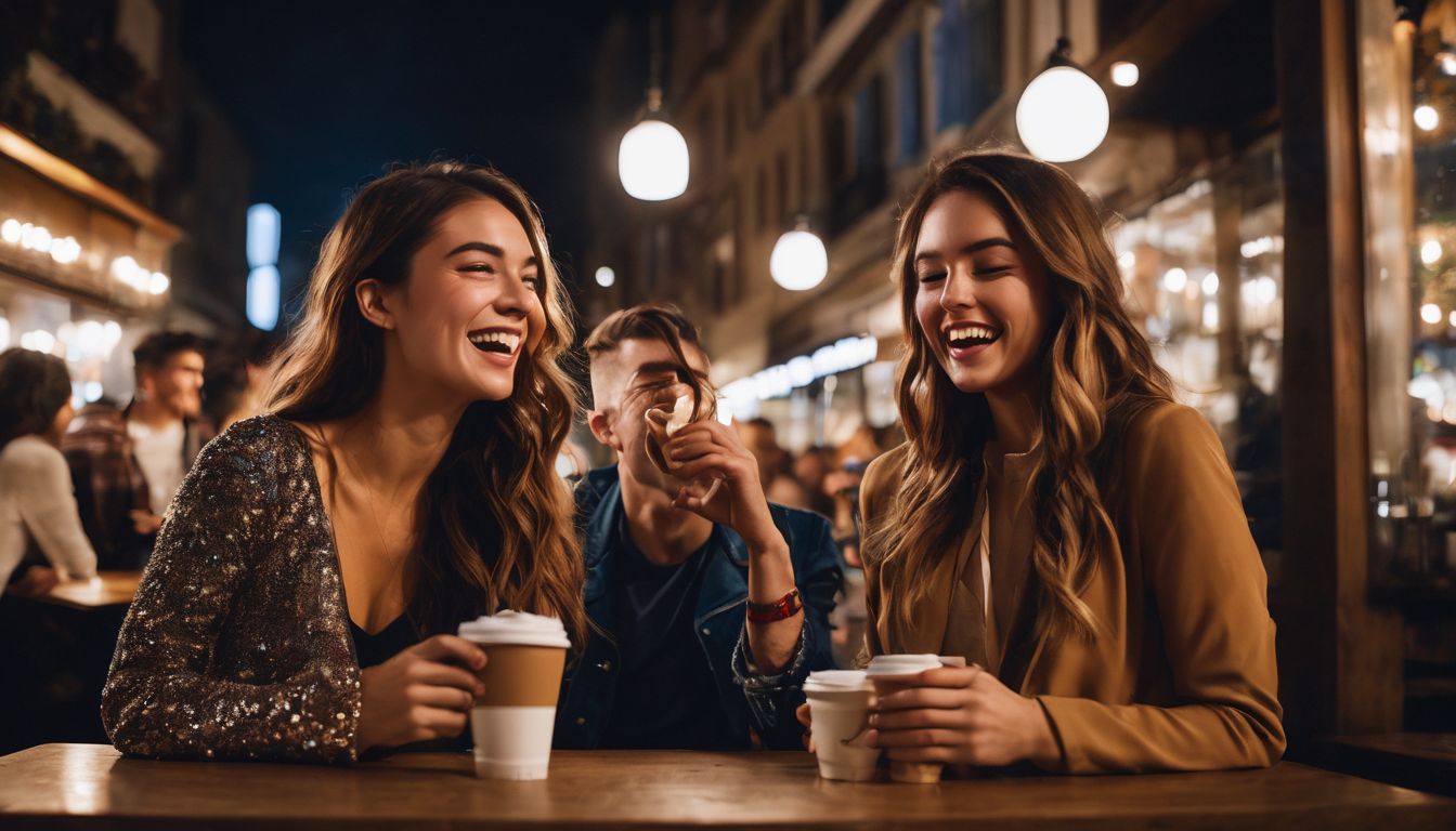 A group of friends enjoying coffee and laughter at a lively café in the city.