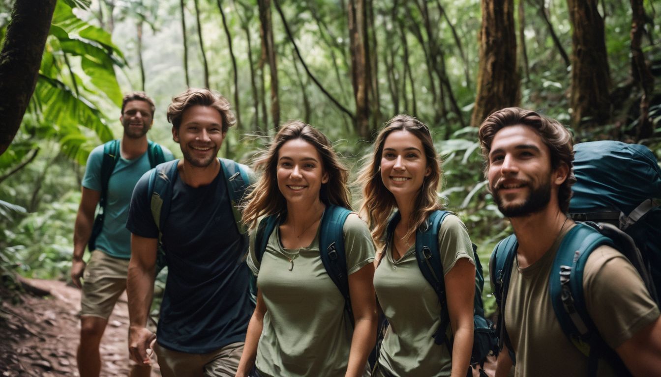 A diverse group of friends hike through a lush green forest during the dry season.